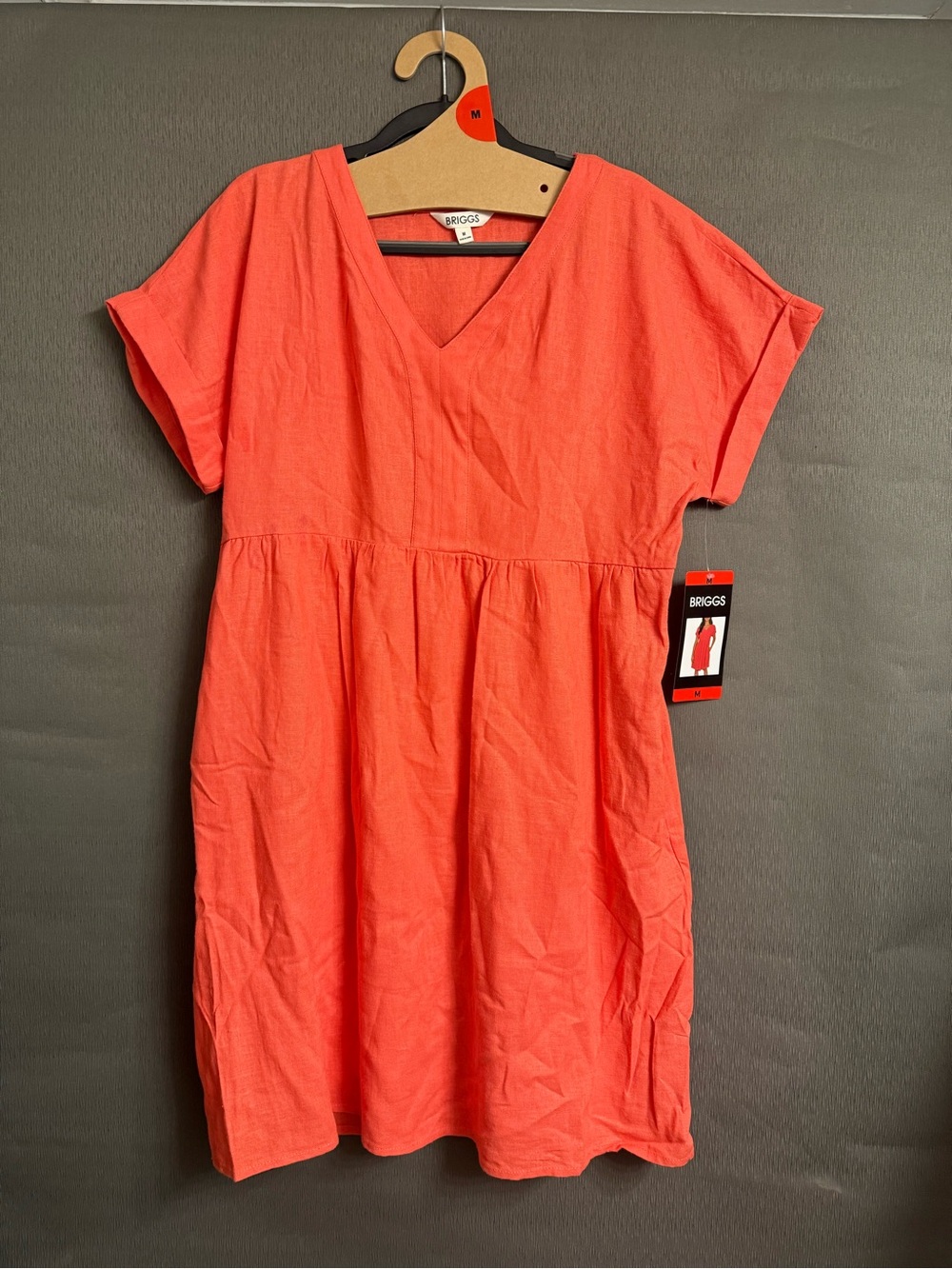 Briggs Coral Linen Blend V-Neck Babydoll Dress Size M Pockets NWT
